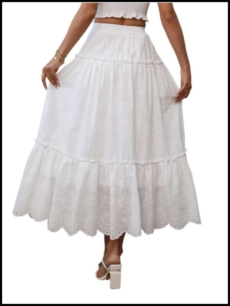 Lace Embroidery Eyelet Elastic Waist Flowy Tiered A-Line Beach Maxi Boho Skirt